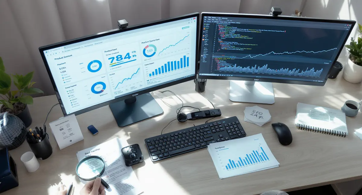 Dual-monitor analyst workstation displaying SEO analytics dashboard with product schema markup code - Strategyc