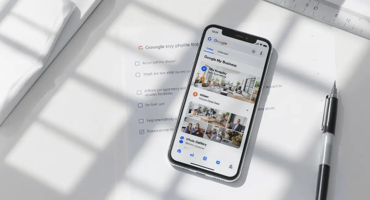 Google My Business profile optimization checklist and smartphone displaying live profile preview on desk - Strategyc