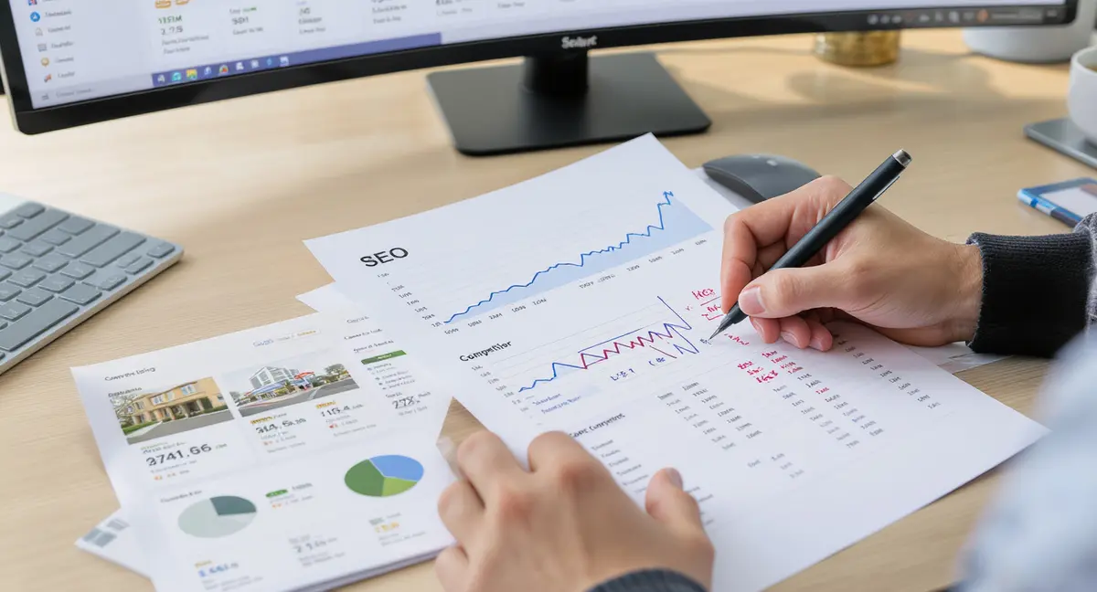 Hands annotating a printed SEO analytics dashboard with search ranking charts and competitor data visible - Strategyc