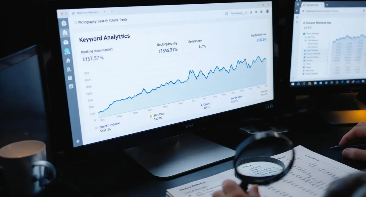 Close-up of a dual-monitor analytics dashboard displaying photography keyword search volume trends and AI - Strategyc