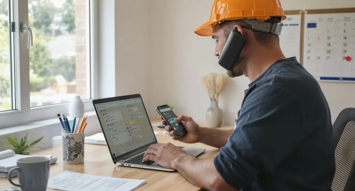 Painting contractor reviewing AI chatbot response metrics on laptop while standing at office desk, phone - Strategyc
