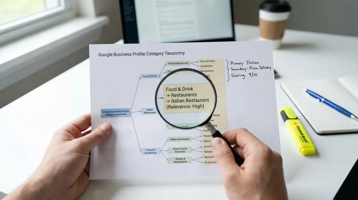 Close-up of a Google Business Profile category taxonomy chart with magnifying glass revealing nested - Strategyc