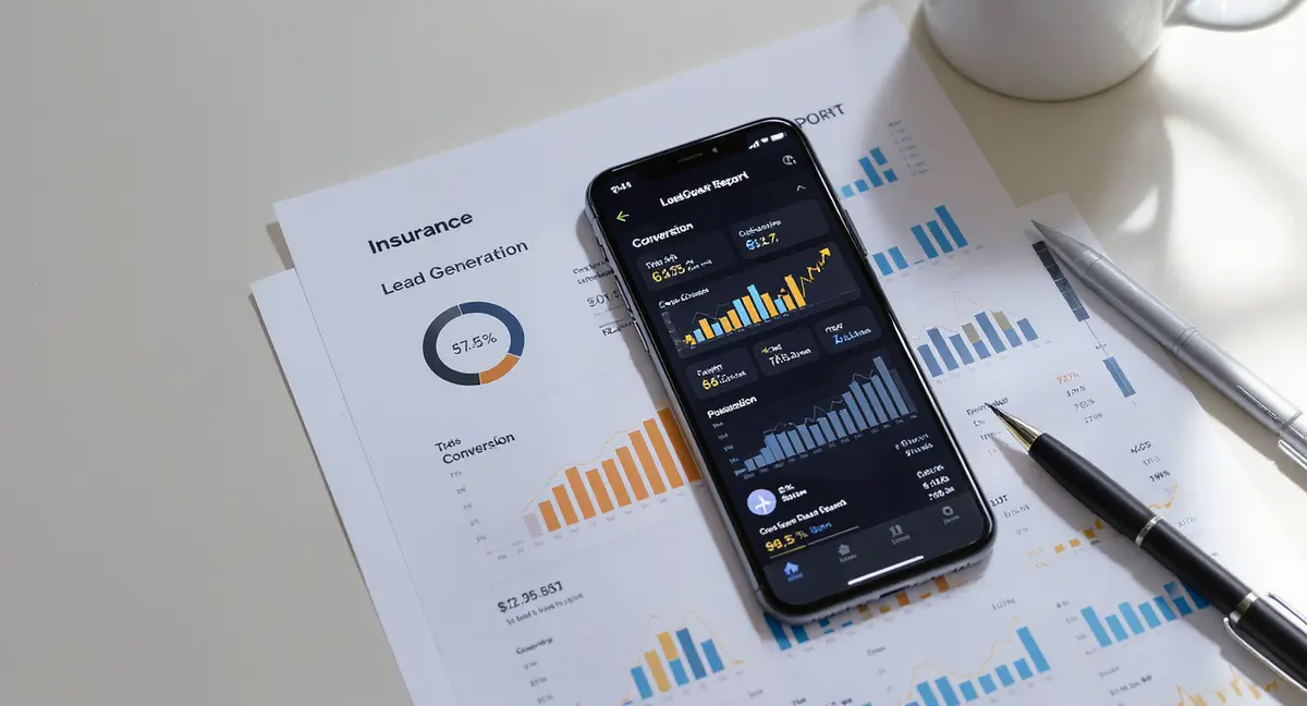 A smartphone displaying an insurance lead-generation dashboard with conversion metrics, resting on a desk - Strategyc