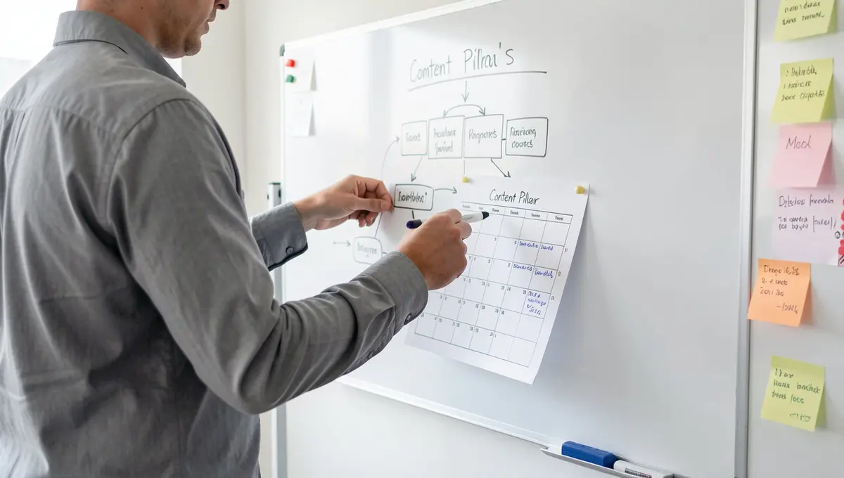 Content strategist standing at whiteboard wall, pointing at content pillar framework while holding - Strategyc