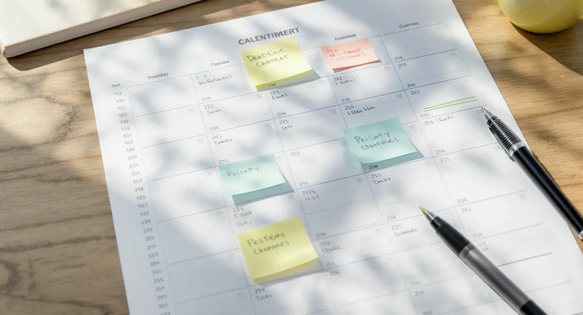 A printed content calendar grid with handwritten annotations, sticky notes, and a pen marking publishing - Strategyc
