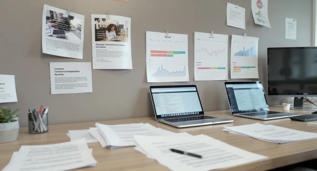 Content strategist's workspace with published articles pinned to wall, analytics printouts, and editorial - Strategyc