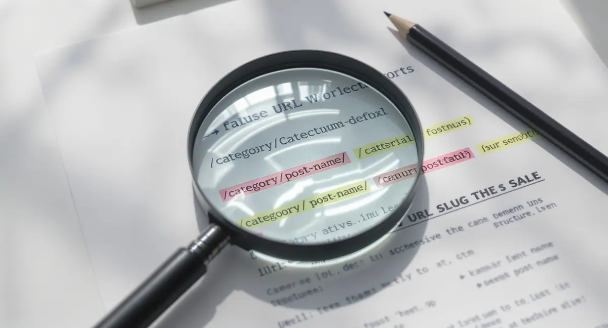 Magnifying glass positioned over a printed WordPress URL structure diagram with color-coded permalink - Strategyc