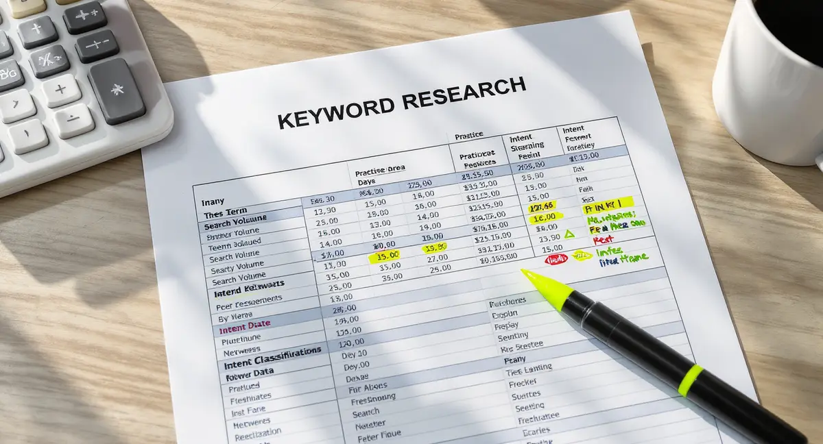 Printed keyword research spreadsheet with practice-area columns, search volume data, and intent - Strategyc