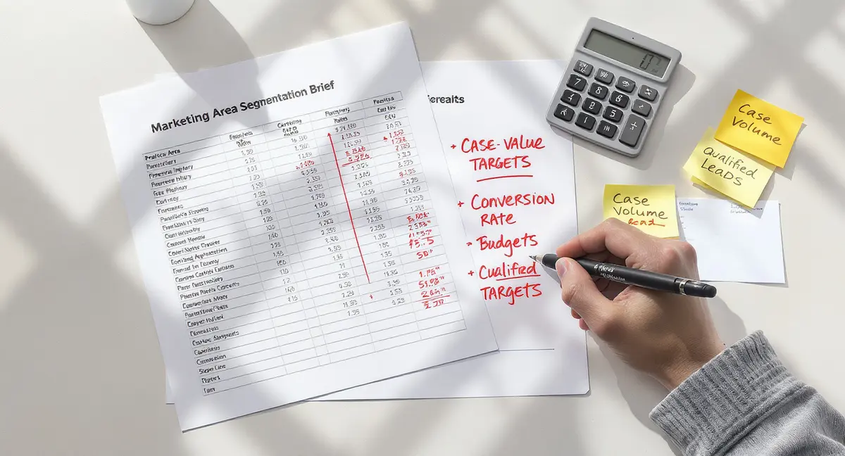 Marketing campaign brief with practice-area segmentation spreadsheet, conversion metrics printout, and - Strategyc