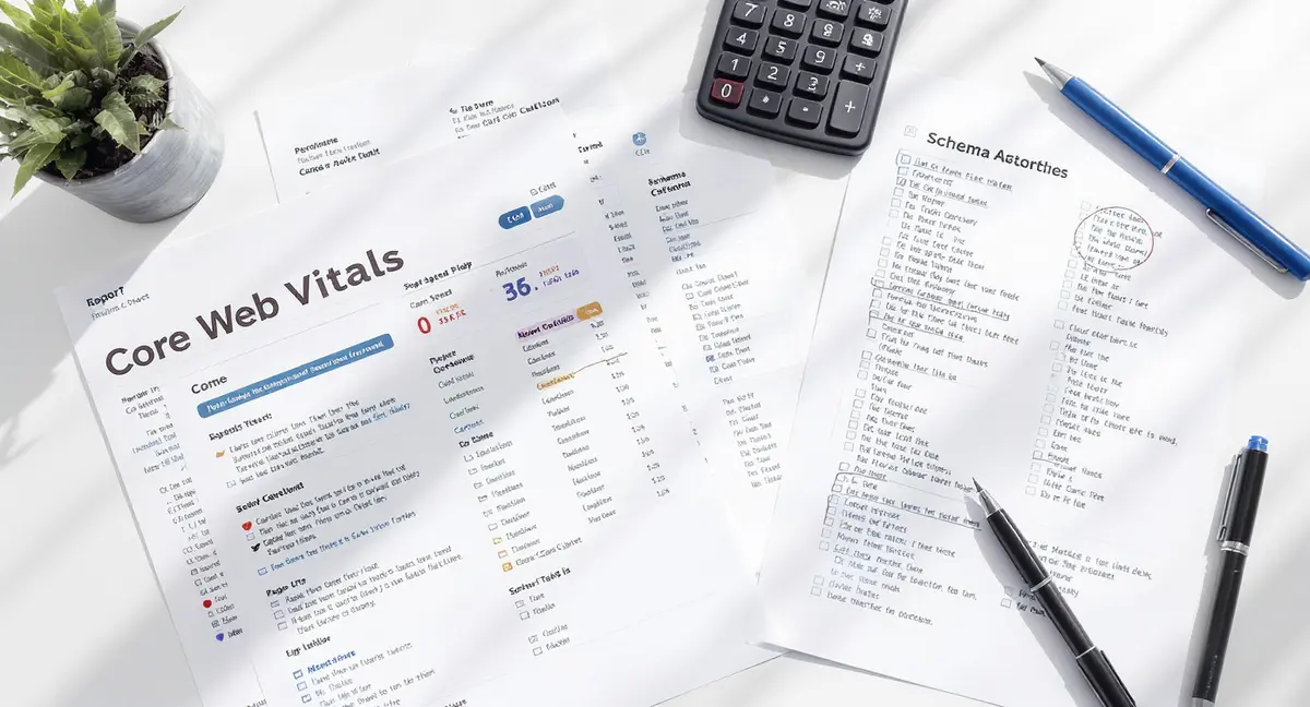 WordPress theme code audit flatlay with Core Web Vitals report, speed test results, and schema markup - Strategyc