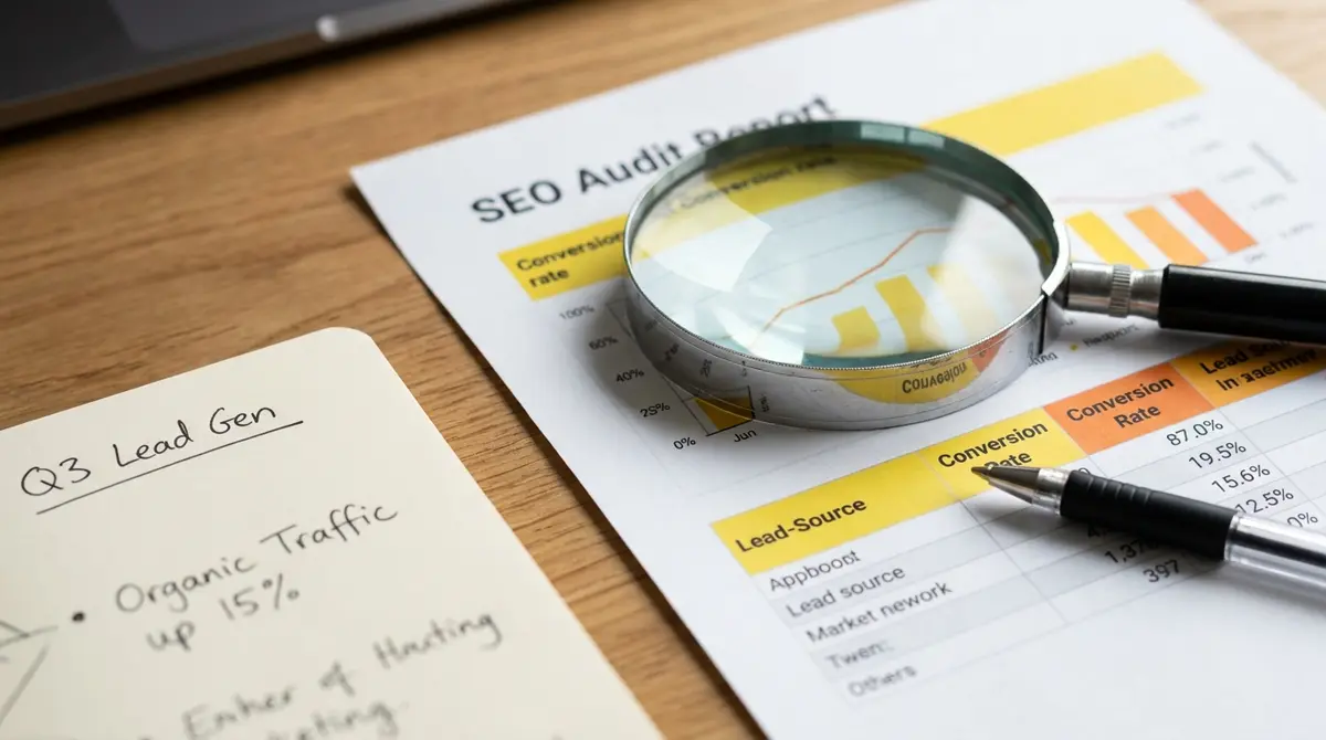 Magnifying glass positioned over a printed SEO audit report with highlighted conversion metrics and - Strategyc