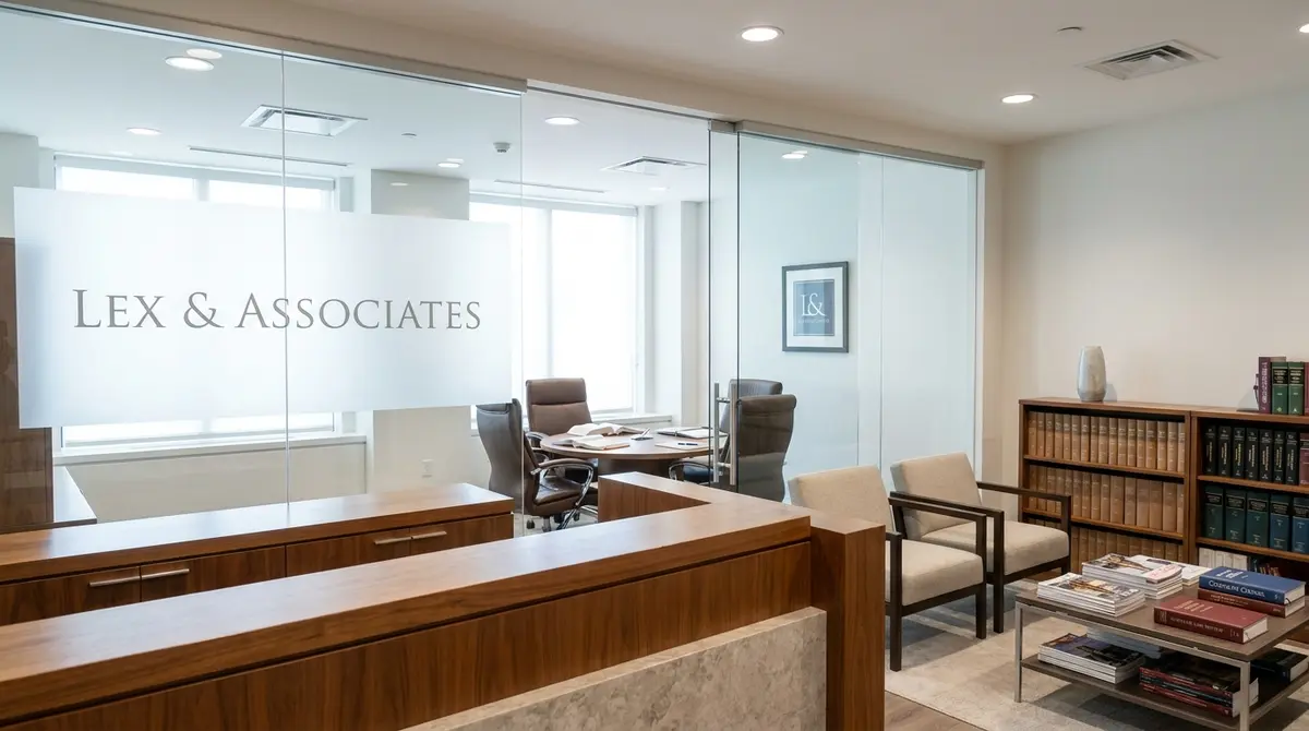 Law firm office reception area with client consultation room visible through glass partition, branded - Strategyc