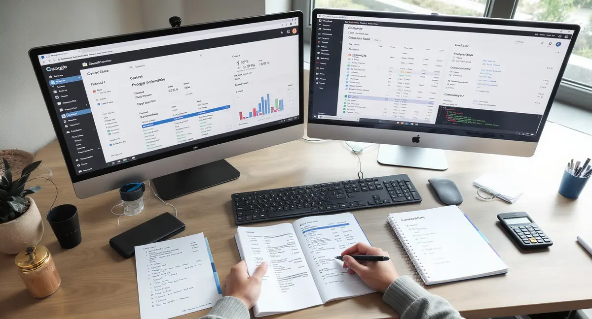 Dual-monitor analyst workstation displaying ecommerce product data, analytics dashboard, and structured - Strategyc