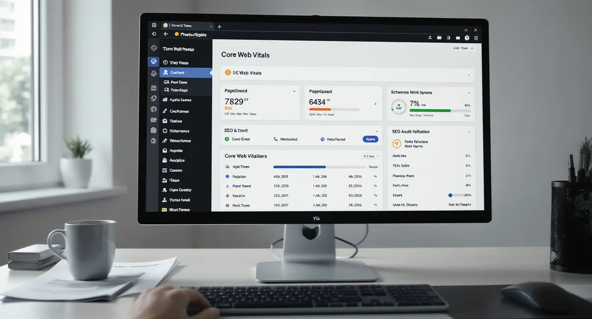 WordPress theme customization dashboard displayed on a desktop monitor showing Core Web Vitals metrics, - Strategyc