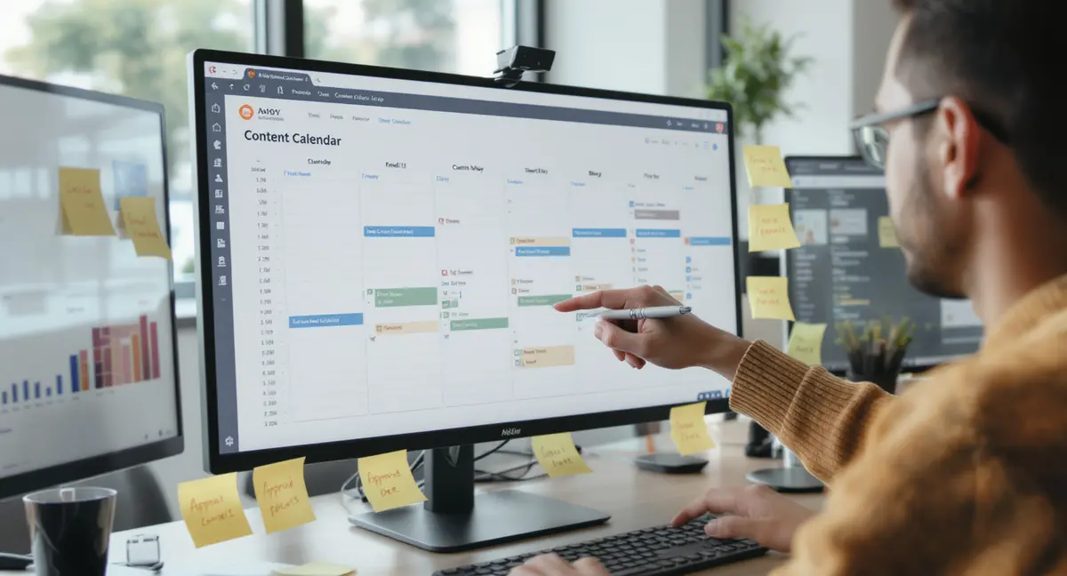 Marketing team member pointing at a multi-channel content calendar displayed on a large monitor, with - Strategyc
