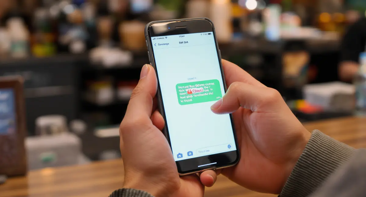 Restaurant owner's hand holding smartphone displaying SMS message on screen at counter - Strategyc
