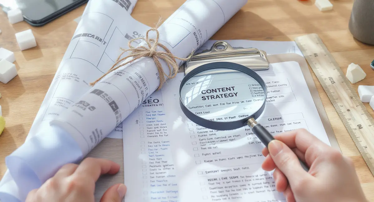 Rolled content strategy blueprint with SEO checklist clipboard and magnifying glass examining keyword - Strategyc