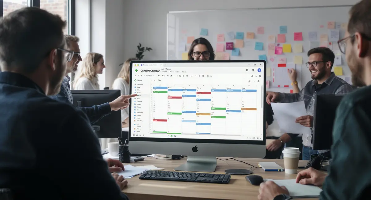 Digital marketing team gathered around a large monitor displaying a Google Sheets content calendar with - Strategyc