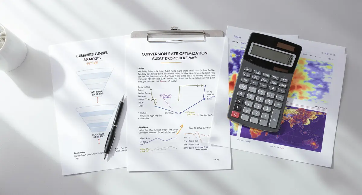 Conversion rate optimization audit report with funnel drop-off annotations, heat map printout, and - Strategyc