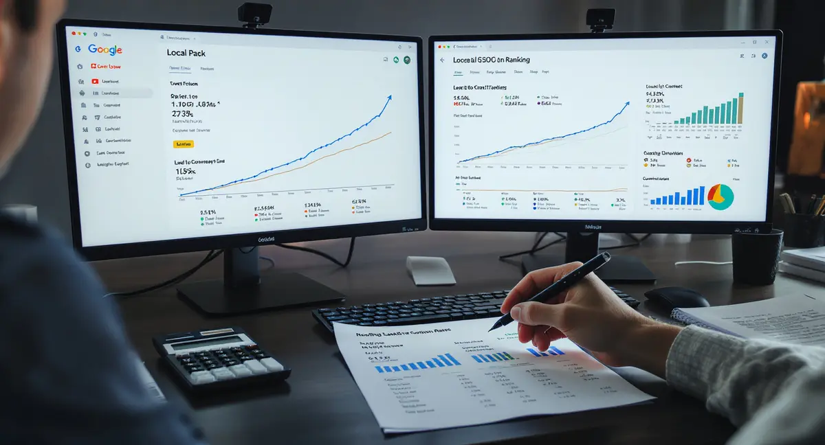Dual-monitor analyst workstation displaying roofing lead conversion funnel and local SEO ranking - Strategyc