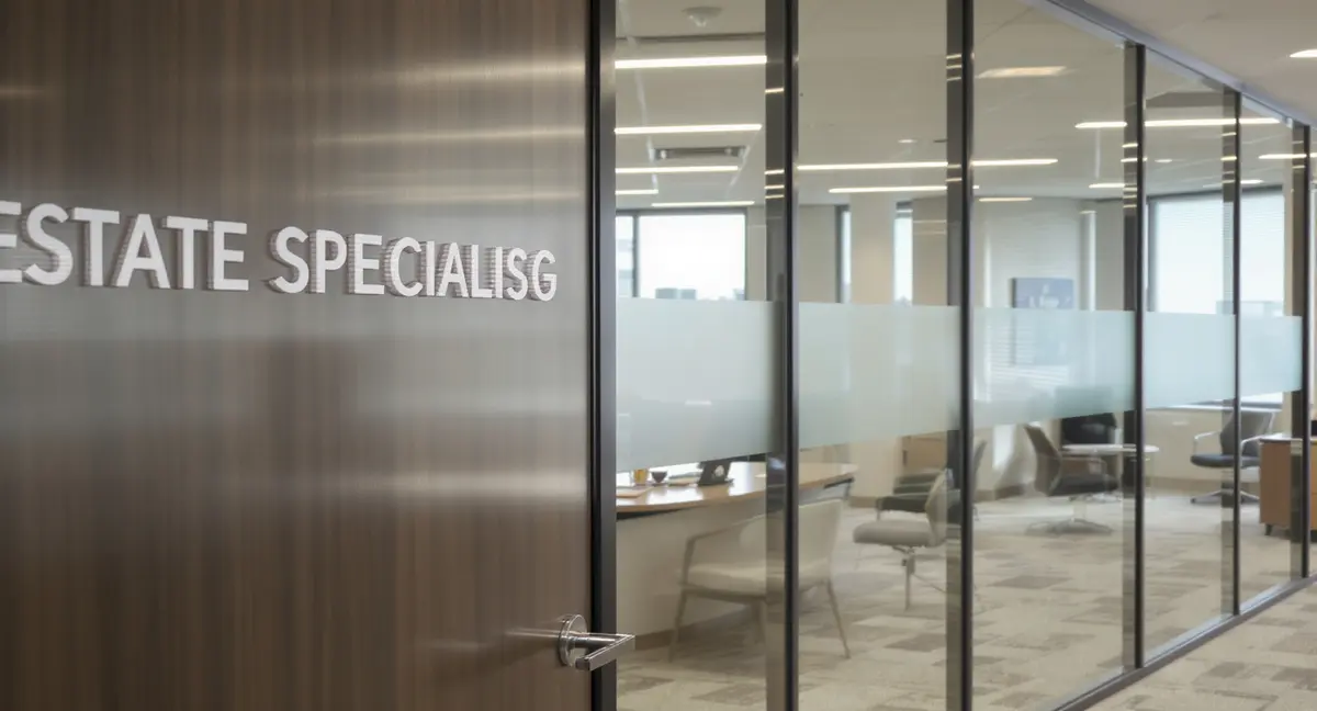 Interior of a specialized law firm office with practice-area signage and client consultation workspace - Strategyc