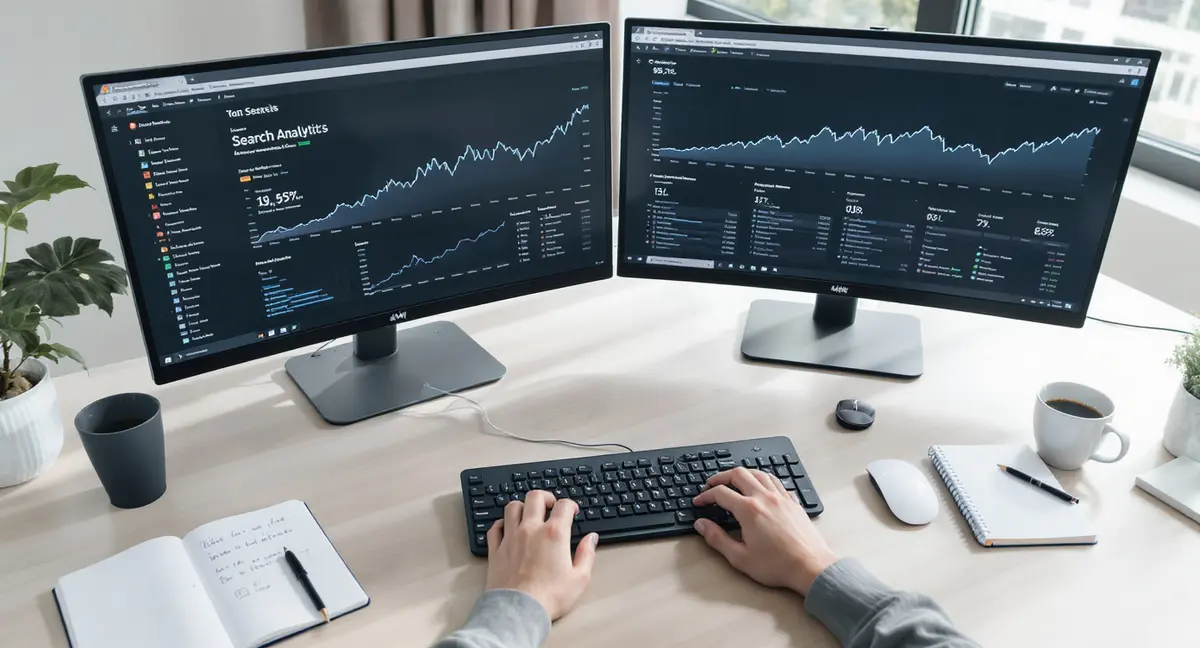 Hands typing on a keyboard with a dual-monitor setup displaying search analytics and ranking data - Strategyc