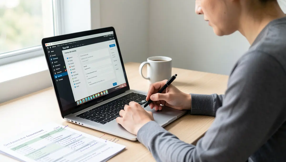 Digital marketer at desk reviewing WordPress plugin settings on laptop while annotating schema markup - Strategyc