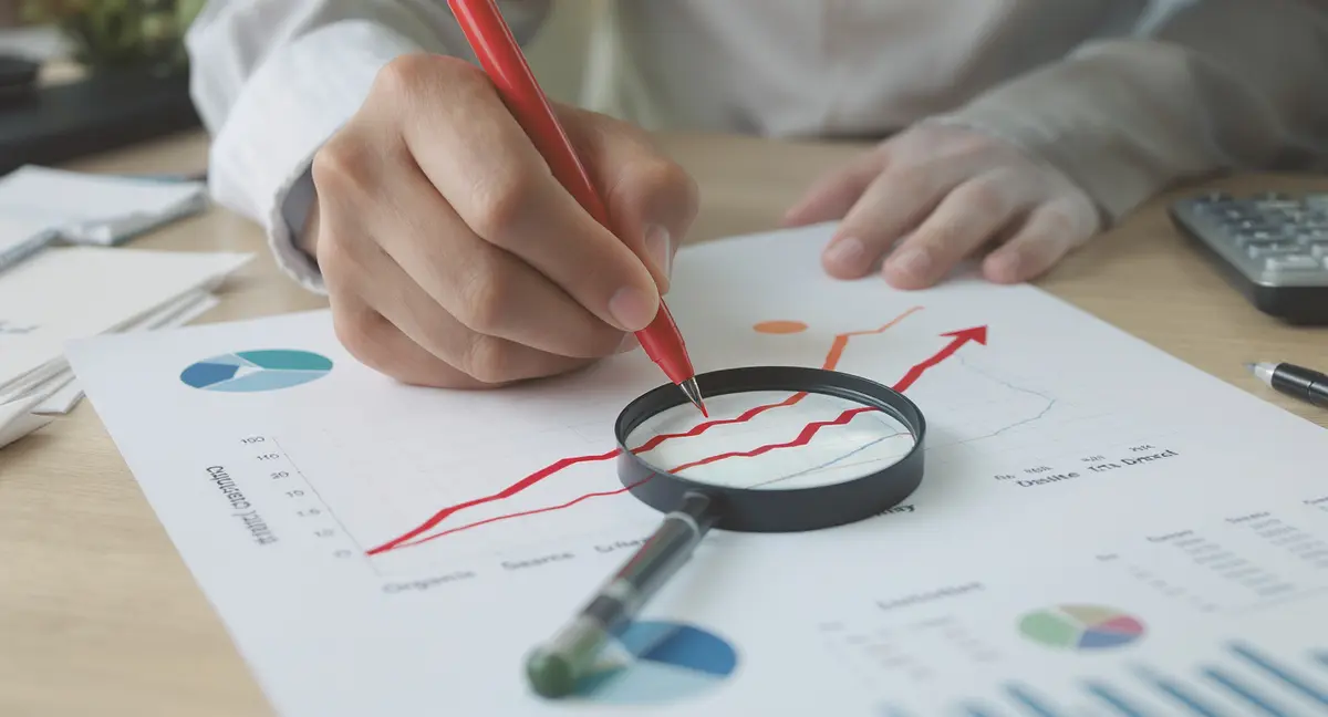 Analyst's hand drawing a red upward trend line across a printed multi-channel attribution chart showing - Strategyc