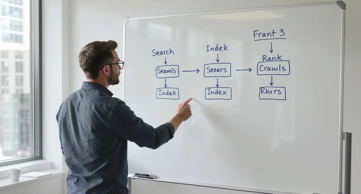 Digital marketer standing at a whiteboard, pointing at a hand-drawn search engine crawl-index-rank - Strategyc