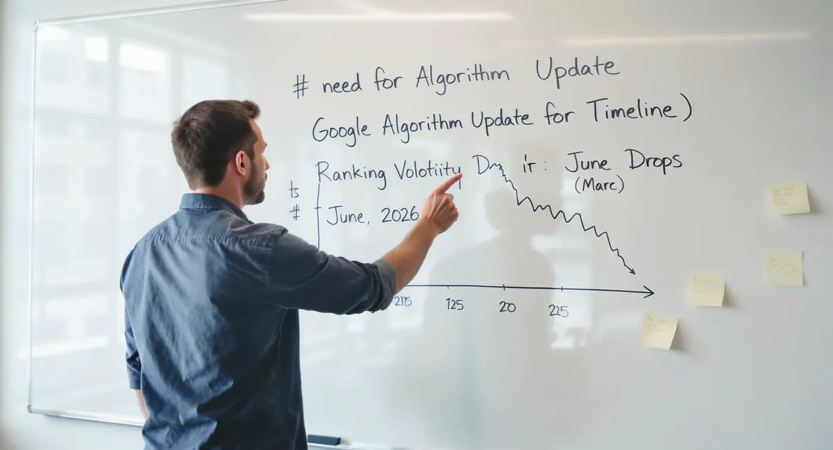 Digital marketer standing at whiteboard, hand mid-gesture pointing at hand-drawn Google algorithm update - Strategyc