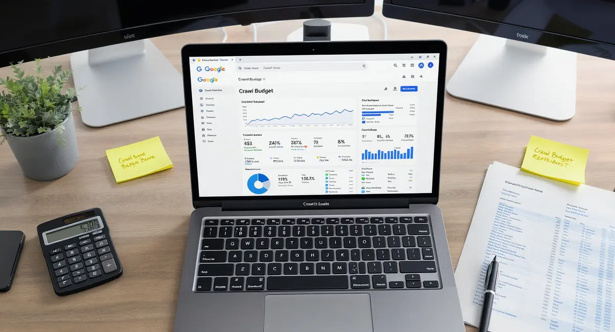 Laptop screen displaying Google Search Console crawl budget metrics and site structure diagram with - Strategyc