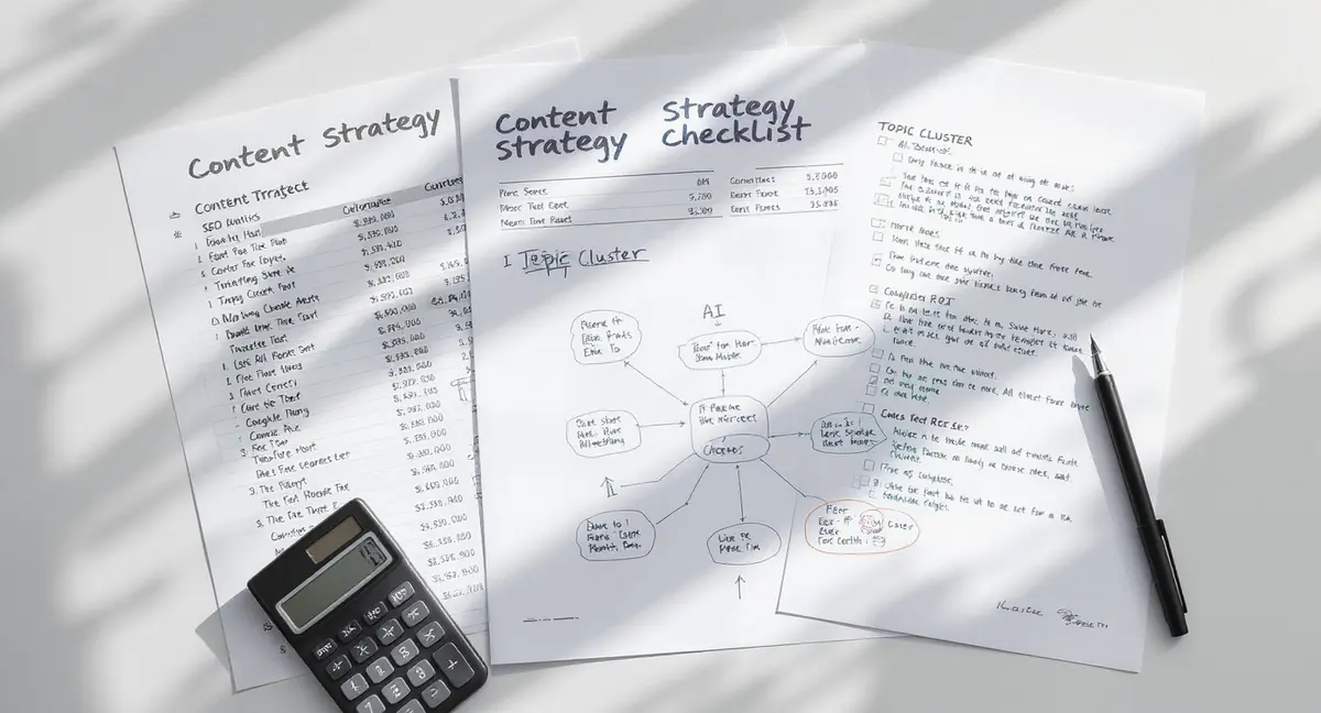 Content strategy spreadsheet with SEO metrics, AI search visibility checklist, and topic cluster outline - Strategyc