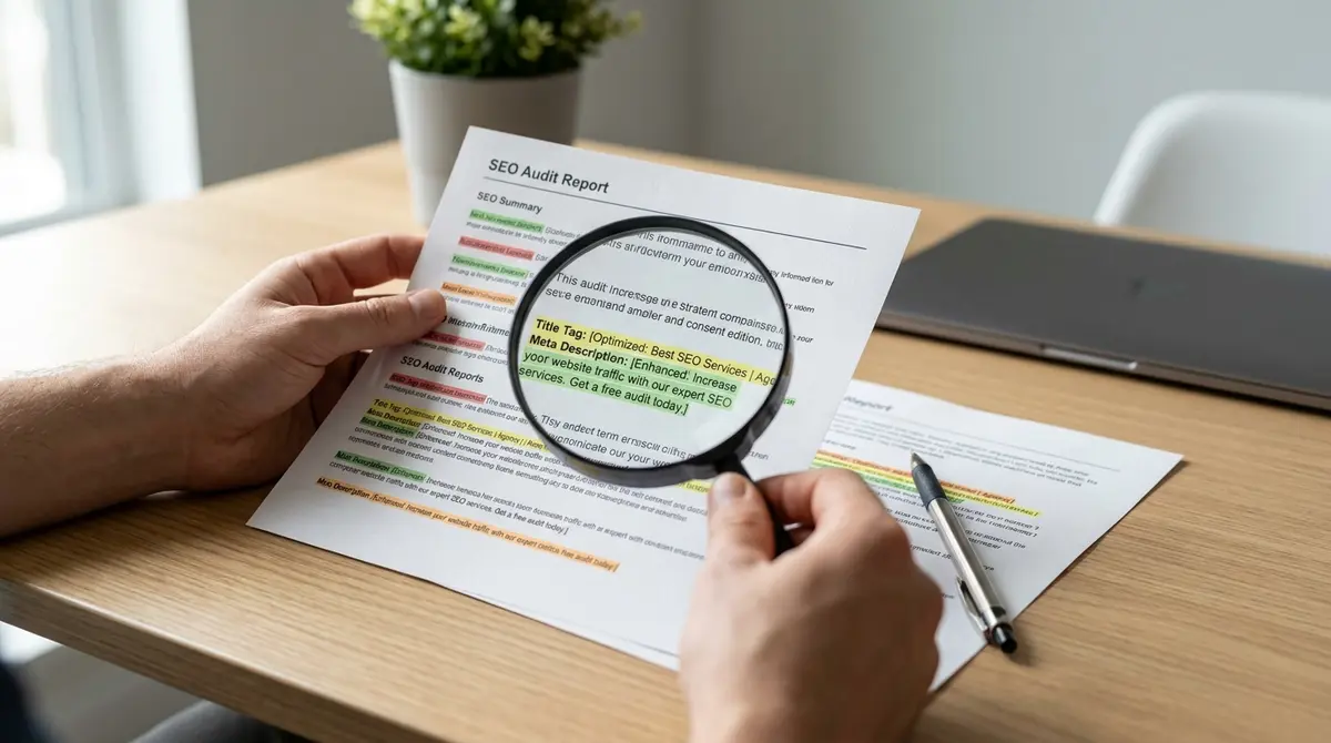 Printed SEO audit report with highlighted on-page elements, held at desk level with magnifying glass - Strategyc