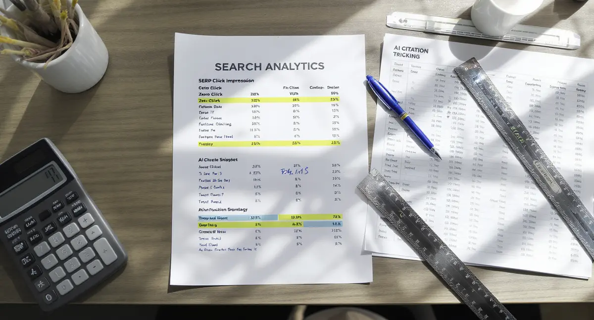 Overhead flat-lay of search analytics printout with zero-click impression data, featured snippet - Strategyc