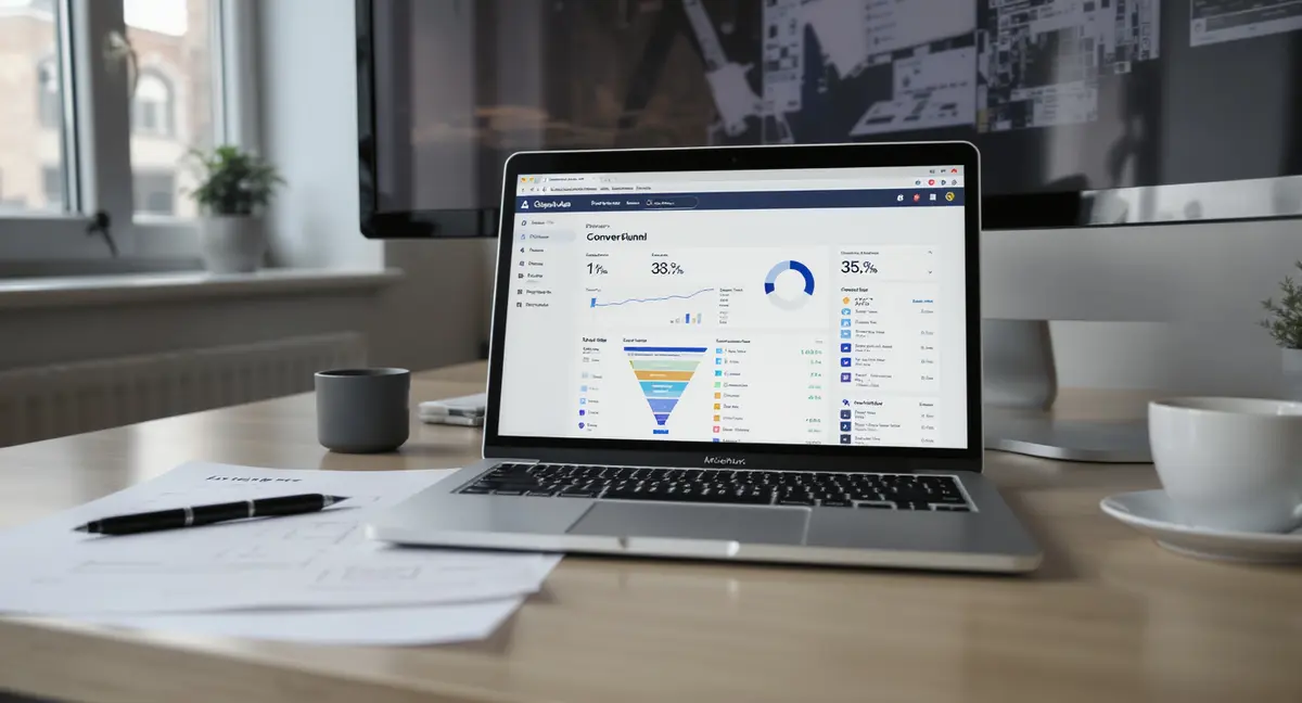 Digital marketer's desk workspace with laptop displaying Google Ads conversion funnel dashboard, landing - Strategyc