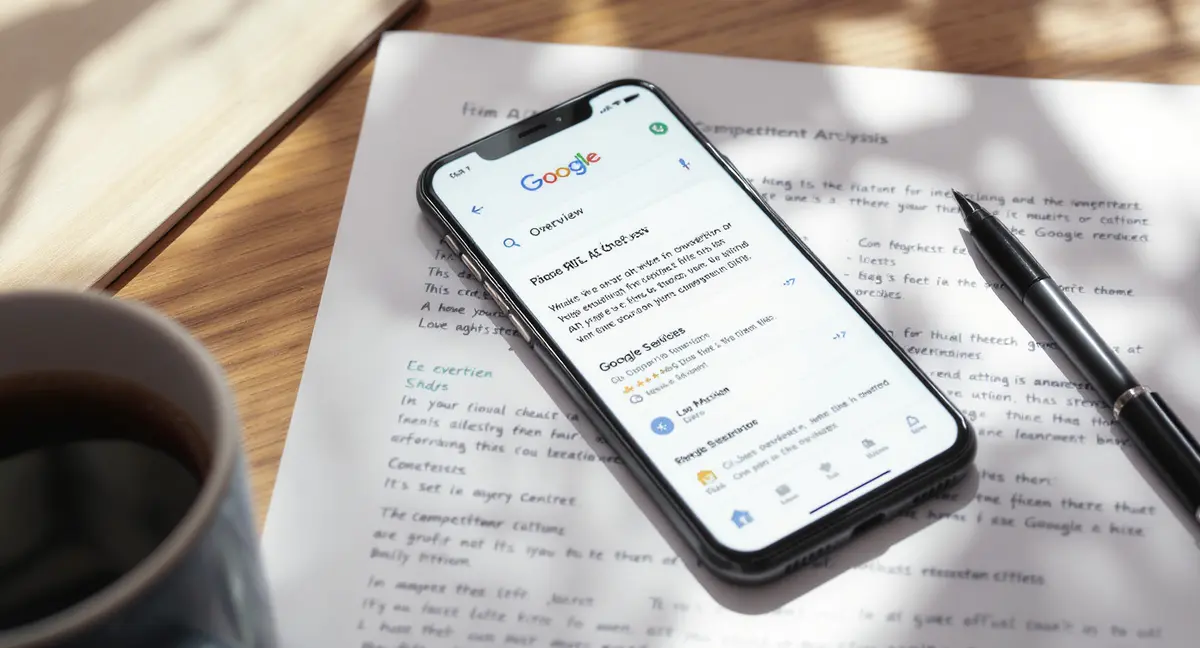 Smartphone displaying Google AI Overview search result for home services query, resting on printed - Strategyc