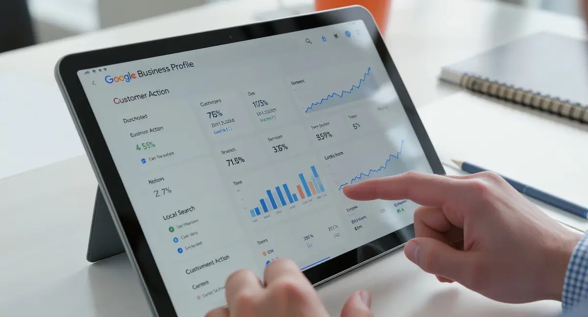 Google Business Profile analytics dashboard displayed on tablet with customer action metrics and local - Strategyc