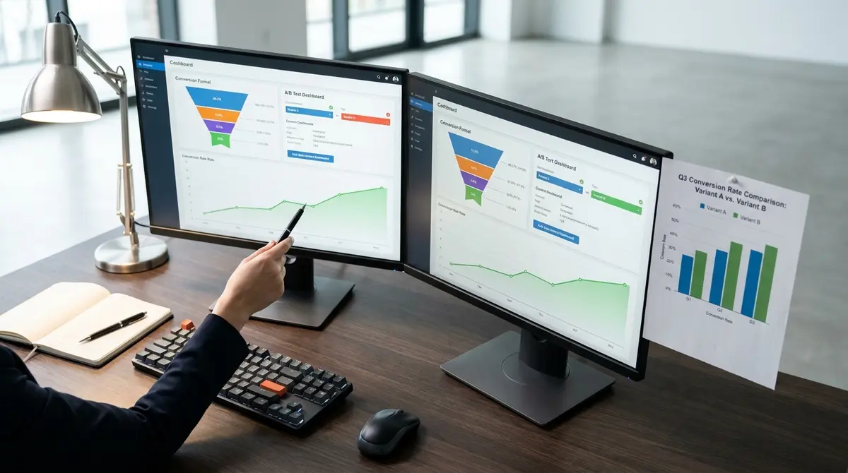 Dual-monitor analyst workstation displaying conversion funnel analytics and A/B test results with hand - Strategyc