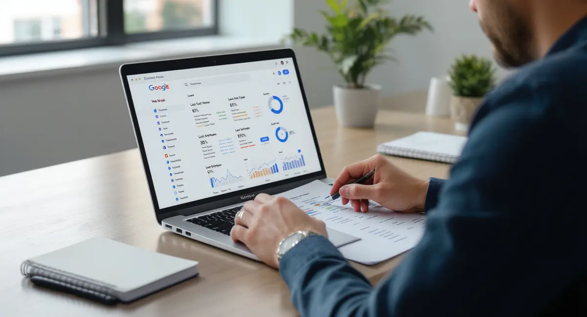 Business owner reviewing Google Business Profile analytics on laptop while pointing at local search - Strategyc