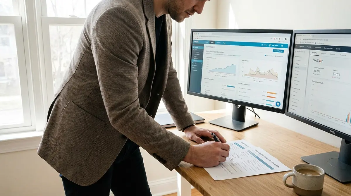 Digital consultant reviewing SEO analytics dashboard on dual monitors while annotating ownership - Strategyc
