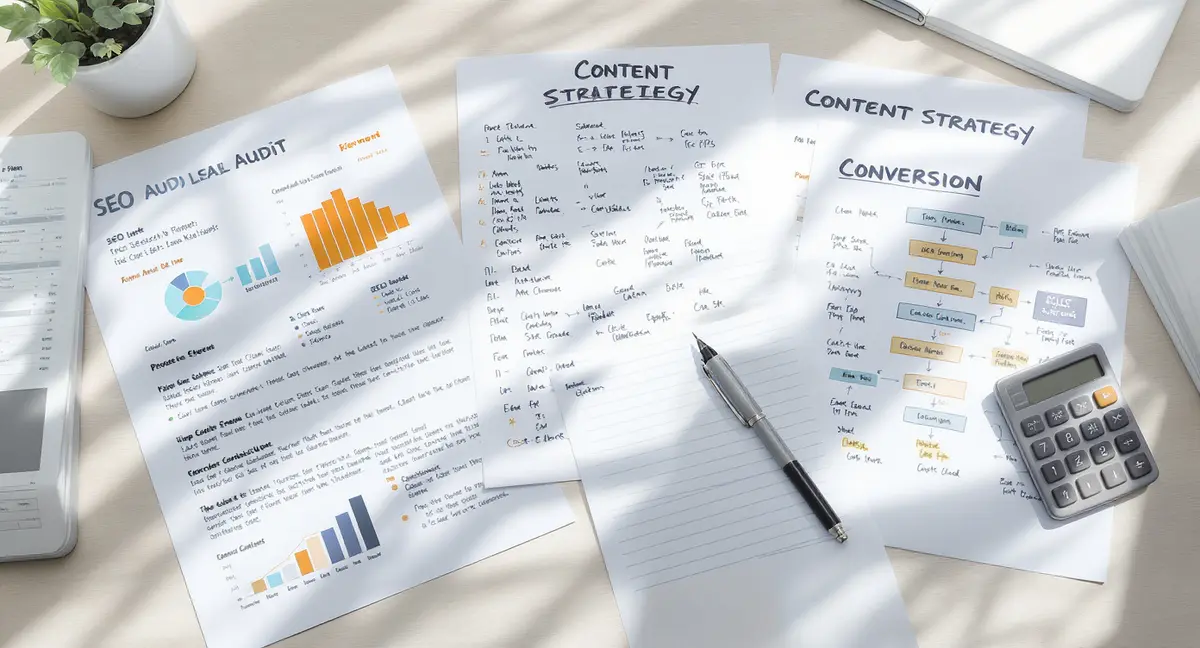 Overhead flat-lay of law firm content strategy documents with SEO audit printout, practice-area outline, - Strategyc