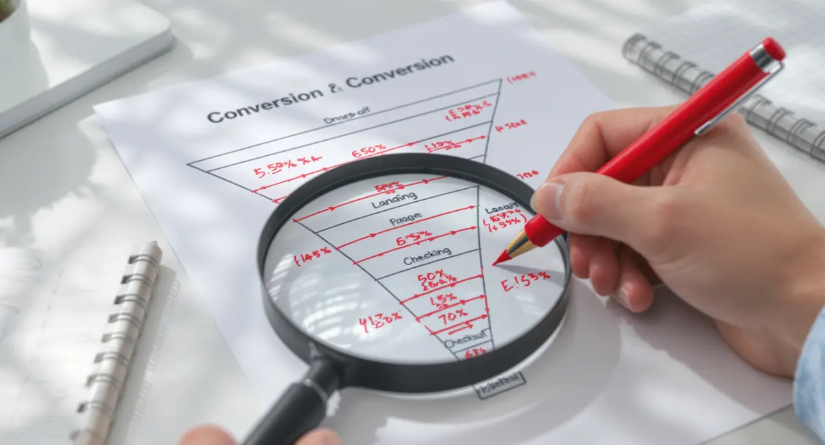 Close-up of a conversion funnel diagram printed on paper with hand annotating drop-off percentages and - Strategyc