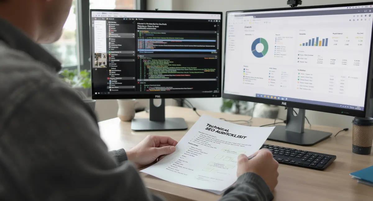 Digital marketer standing at desk pointing at technical SEO audit checklist printout while reviewing site - Strategyc