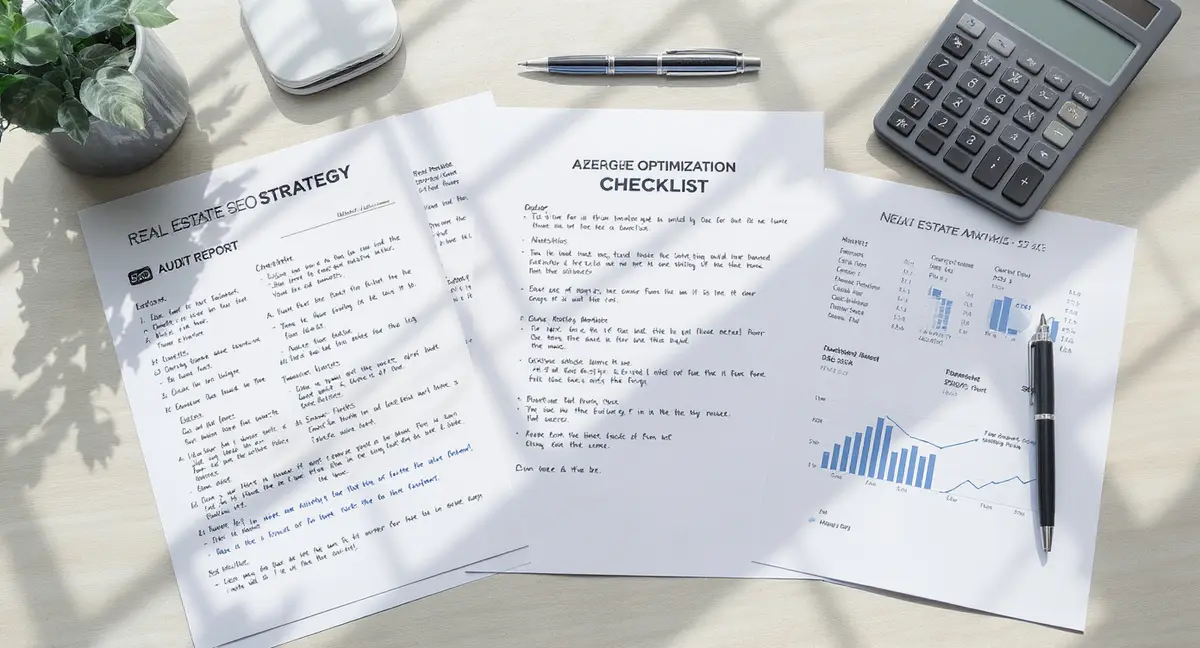 Real estate SEO strategy document with AI search optimization checklist, competitor analysis printout, - Strategyc