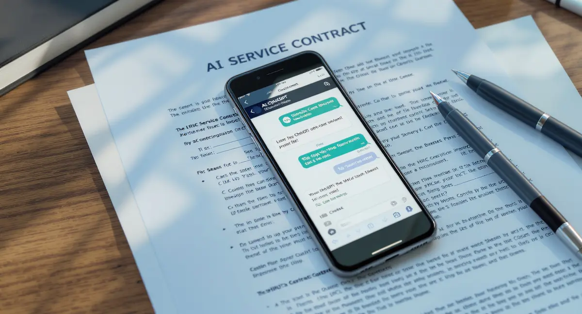 Smartphone displaying AI chatbot interface for HVAC customer inquiry, resting on printed service contract - Strategyc