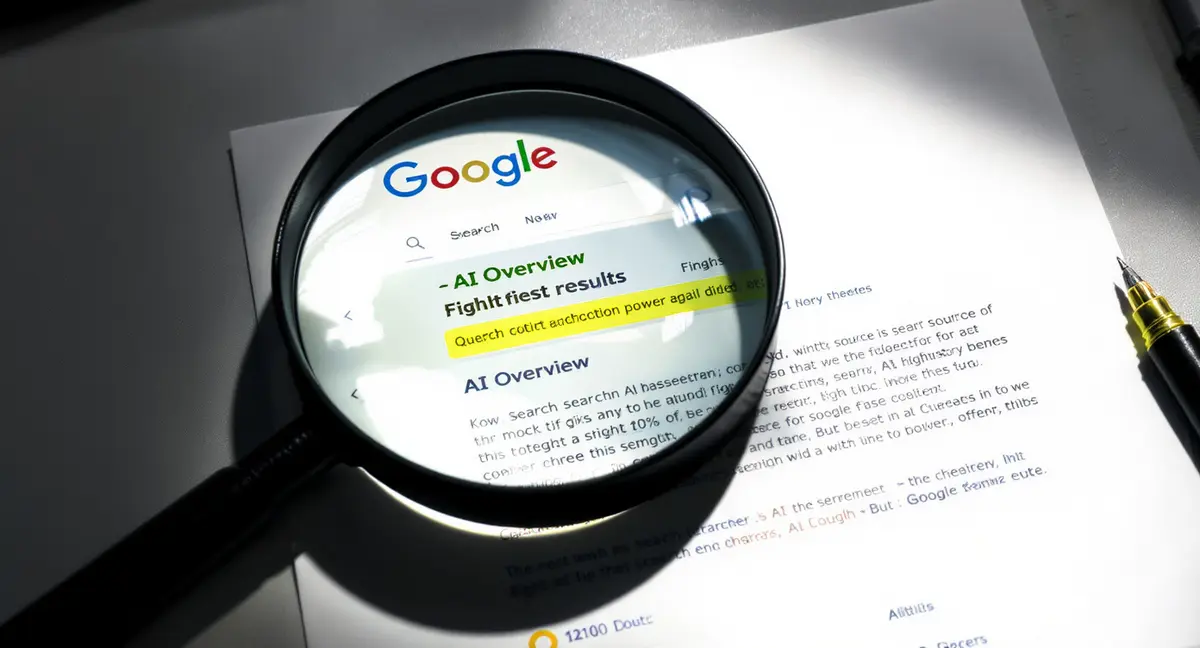 Magnifying glass positioned over a printed search results page showing AI Overview excerpt highlighted - Strategyc