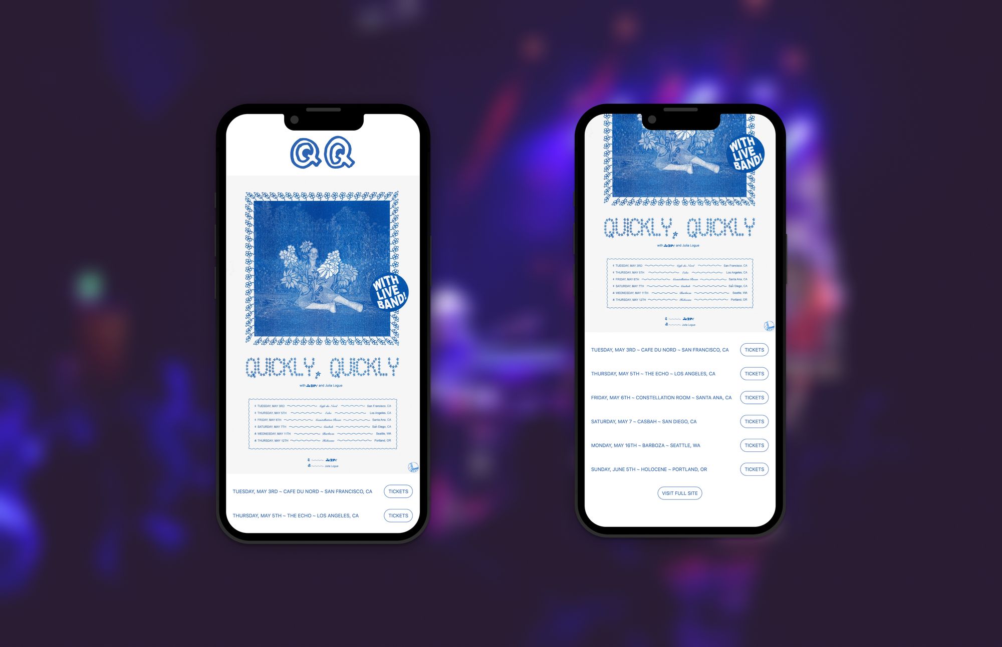 Two iPhone showing blue text on white background announcing quickly, quickly's tour dates for spring 2022.