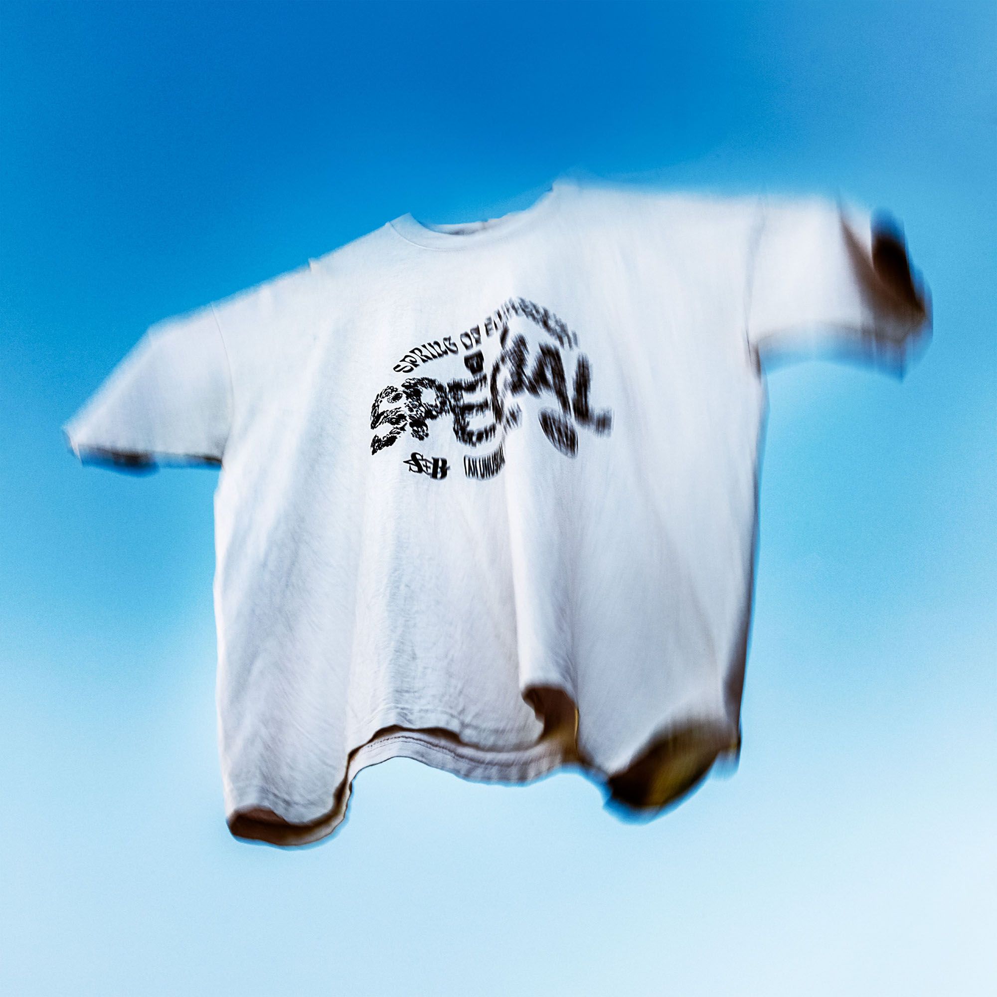 White t-shirt floating in the sky, graphic says "Spring of Something Special"