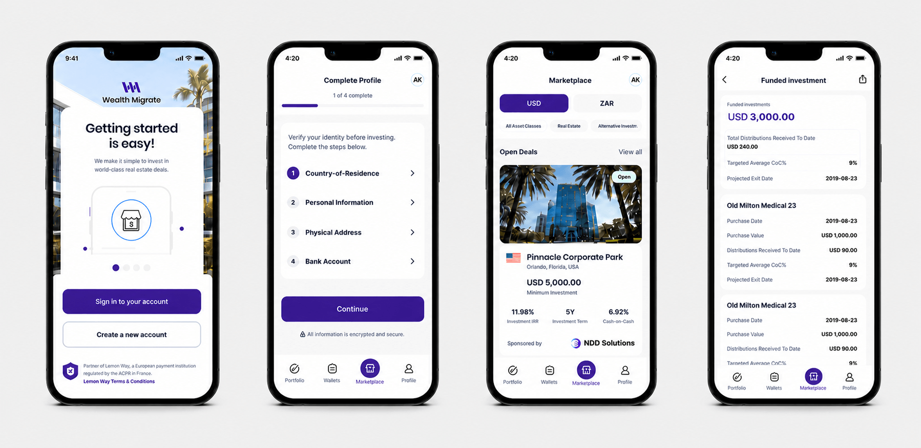 Ui Designs Screens for Wealth Migrate