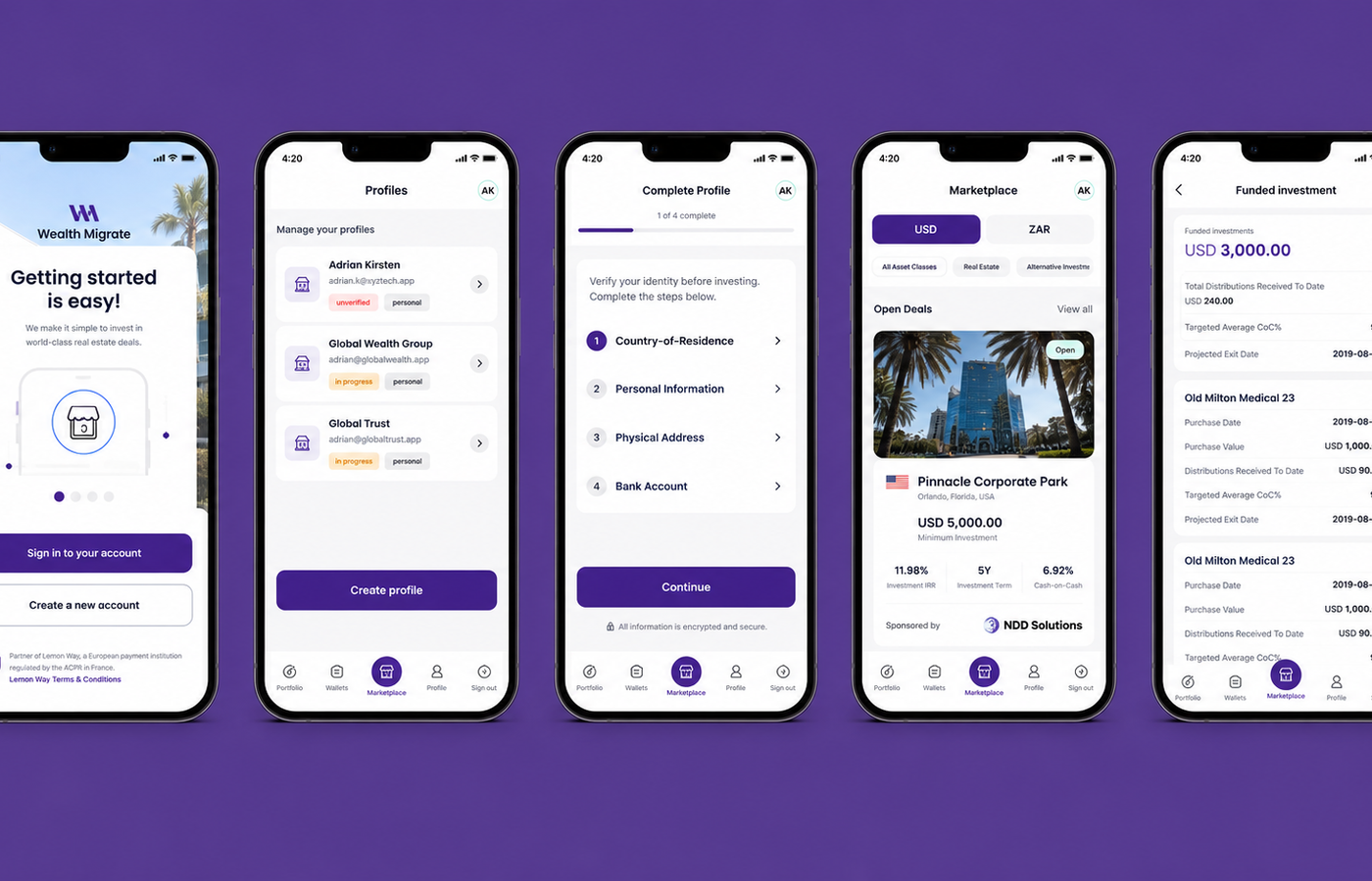 Five redesigned Wealth Migrate mobile investment screens on a purple background
